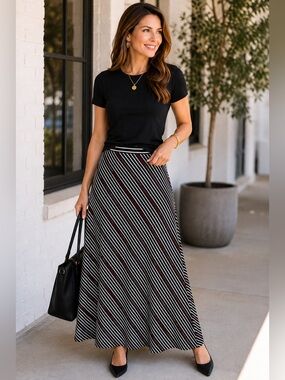 Roz & Ali Striped A-Line Maxi Skirt Black White Red Size L Stretch Waist